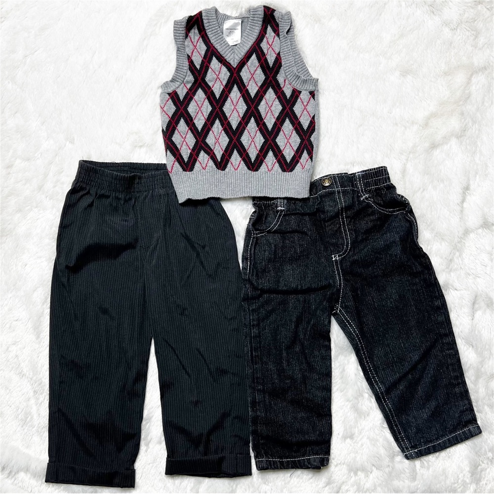 3-Piece Outfit Bundle Boy’s 18M Argyle Sweater Vest Jeans Pinstripe Dress Pants